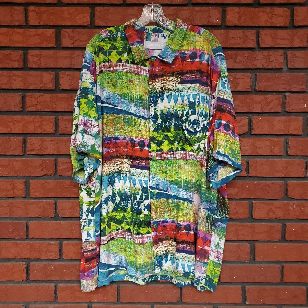 Vintage Jams World Hawaiian Shirt Mens XXL Rayon Tribal Reef Print Button Up 58"